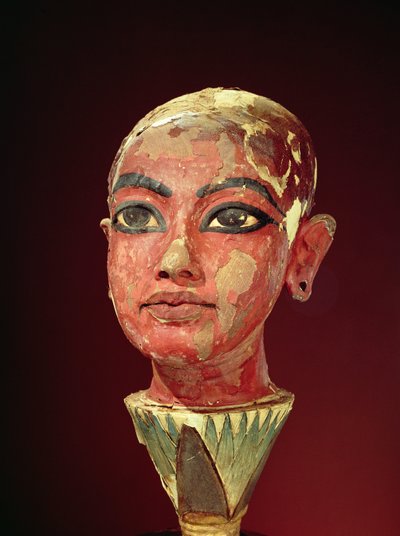 ツタンカーメンの墓から蓮の花から生まれた子供の王の頭（紀元前1370年-1352年）英国（漆喰と塗られた木）（149406も参照） 作： Egyptian 18th Dynasty