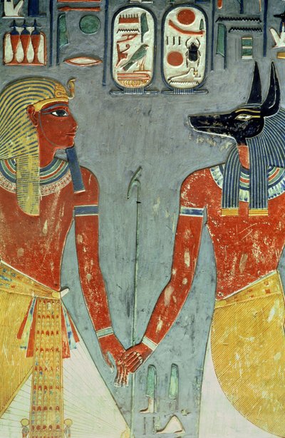 ホレムヘブの墓からのホレムヘブとアヌビス（c.1323-1295 BC）ニューキングダム（壁画） 作： Egyptian 18th Dynasty