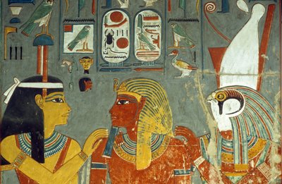 ホレムヘブの墓からのホルス、ホレムヘブ、ハトホル（c.1323-1295 BC）ニューキングダム（壁画） 作： Egyptian 18th Dynasty