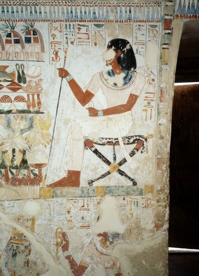 畑で働く人々を監督するメンナ（ルクソール、テーベのシェイク・アブド・エル・クルナ墓地、メンナの墓の前庭のフレスコ画より）（ユネスコ世界遺産 作： Egyptian 18th Dynasty