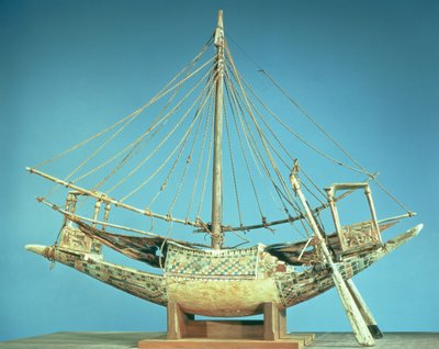 ツタンカーメンの墓からのファラオの船のモデル（紀元前1370〜52年）英国（木） 作： Egyptian 18th Dynasty