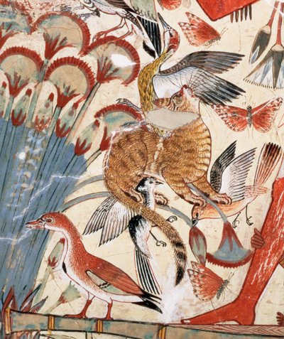 沼地で妻と娘と一緒に沼地で狩りをするネバムン、テバ、新王国、ネバムンの墓堂の壁画の一部、紀元前1350年頃（塗られた漆喰）（3748の詳細） 作： Egyptian 18th Dynasty