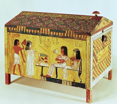 ニューキングダム、デイルエルメディナで発見されたカーの墓（紀元前1390〜52年）の晩餐会のシーンが描かれた胸（木） 作： Egyptian 18th Dynasty