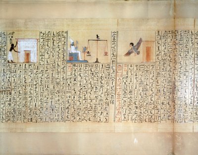 心臓の重さを測る様子を描いたパピルス（マイヘルペリの死者の書より 作： Egyptian 18th Dynasty