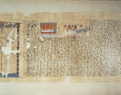 牛に引かれた馬車で石棺を運ぶ様子を描いたパピルス（『マイヘルペリの死者の書』より 作： Egyptian 18th Dynasty