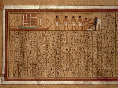 テーベのカの墓から出土した「死者の書」ヒエログリフとポリクロムイラストのパピルス。新王国時代、王朝XVIII 作： Egyptian 18th Dynasty