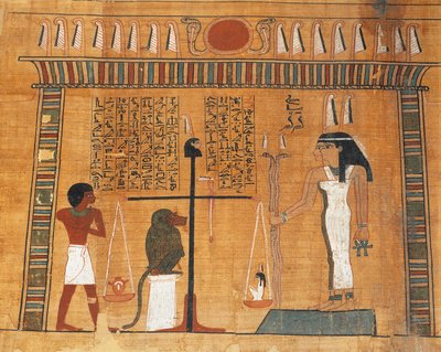 死者の書のパピルス：オシリスの法廷で裁判を受ける故人 作： Egyptian 18th Dynasty