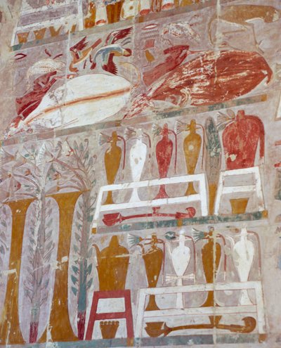 ハトシェプスト女王が神々に捧げた食料と陶器、描かれた浮き彫り、ハトシェプスト女王葬祭殿アヌビスの礼拝堂、別名ディジェセル＝ディジェセル、デイル・エル＝バハリ、テーベ。エジプト文明、新王国時代、王朝XVIII 作： Egyptian 18th Dynasty