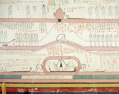 アムドゥアト書からの新世界、アンダーワールドへの旅を描いたシーン（壁画） 作： Egyptian 18th Dynasty