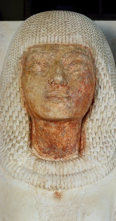 律法学者メリネイスの顔、大祭司メリネイスとその妻アニュイアの二重像の細部、アクエンアテンの時代に描かれた石灰岩、サッカラ。エジプト文明、新王国、第18王朝 作： Egyptian 18th Dynasty