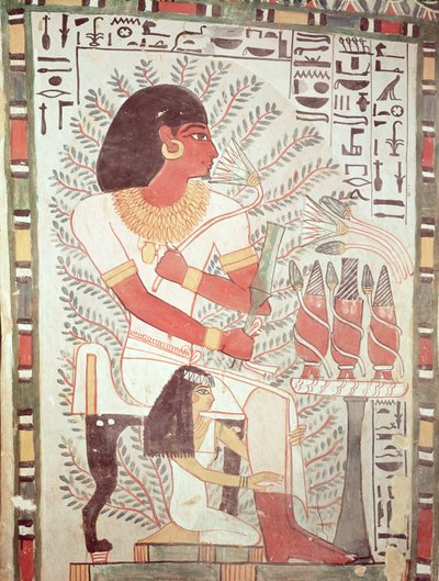 セネファー、ニュー王国、セネファーの墓から彼の妻、メリトと一緒に座った（壁画） 作： Egyptian 18th Dynasty