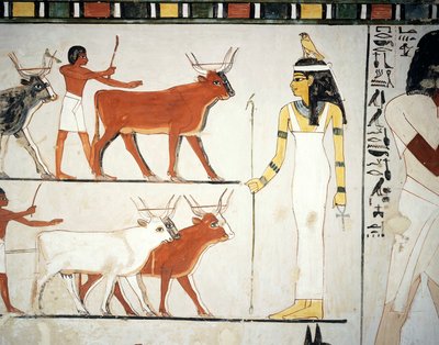 女神イメンテトの前の羊飼いと牛、フレスコ画、南壁、縦穴、テーベの墓TT69、シェイク・アブド・エル・クルナ、テーベ（ユネスコ世界遺産リスト 作： Egyptian 18th Dynasty