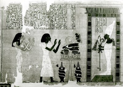 姉を連れた故人はオシリスへのオマージュを捧げるために行きます、詳細は死者の書、ニューキングダム（パピルス）から 作： Egyptian 18th Dynasty