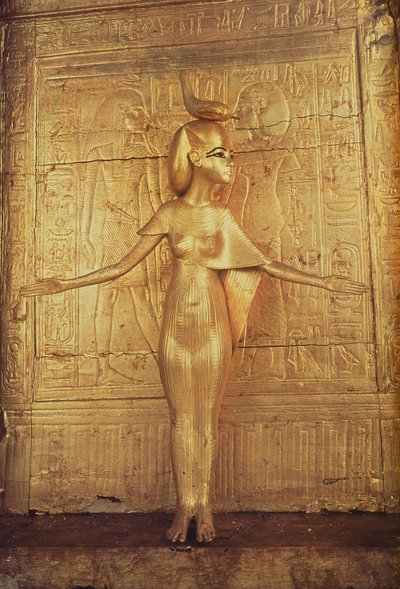 ツタンカーメンの墓（c.1370-1352 BC）新王国（金色の木材）（228567も参照）からの天蓋神社にある女神セルケット 作： Egyptian 18th Dynasty