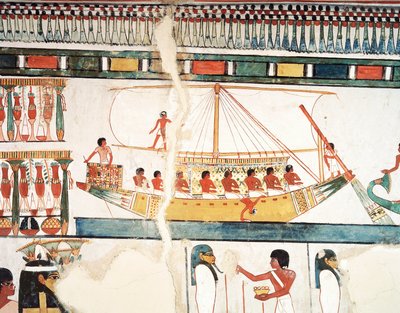 太陽の船、アビドス巡礼の詳細、フレスコ画、北壁、長い食堂、テーバン人の墓TT69、シェイク・アブド・エル・クルナ、テーベ（ユネスコ世界遺産 作： Egyptian 18th Dynasty
