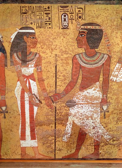 ツタンカーメン（紀元前1370〜1352年頃）と彼の妻、アンケセナムン、彼の墓、ニューキングダム（石灰岩塗装）から 作： Egyptian 18th Dynasty