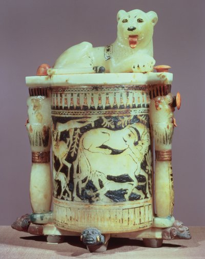 ツタンカーメンの墓から出た、ライオンのような王の姿が描かれた透明な壺（紀元前1370年から52年）王国（アラバスター塗装）（391016も参照） 作： Egyptian 18th Dynasty