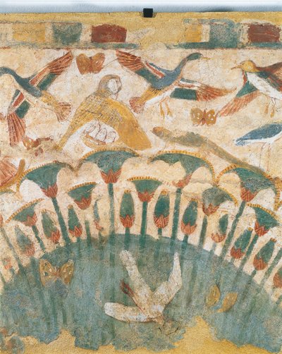 ナイル川沿いの湿地の動植物を描いた壁画（ネフェレヘテプの墓から）、詳細 作： Egyptian 18th Dynasty