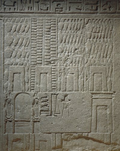 倉庫を描いたウォールレリーフ 荷物を量るための秤の詳細 作： Egyptian 18th Dynasty