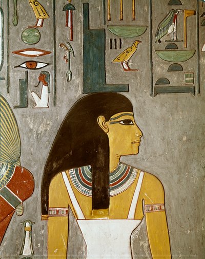 イシスを描いたフレスコ画の詳細 エジプト、ルークソール（18王朝、トゥトモス3世 作： Egyptian 18th Dynasty