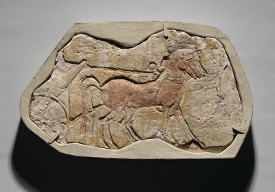 戦車を引く2頭の馬のスパン、ニューイングランド、テルエルアマルナ、紀元前1353-1336年（塗られた石膏） 作： Egyptian 19th Dynasty