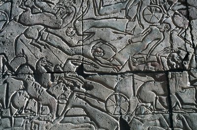 テーベ、ルクソール、ラメセス2世の葬祭殿、戦闘場面の浮き彫り（ユネスコ世界遺産 作： Egyptian 19th Dynasty