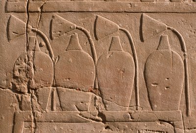 壺と蓮の花を描いたレリーフの詳細（ライムストーン 作： Egyptian 19th Dynasty