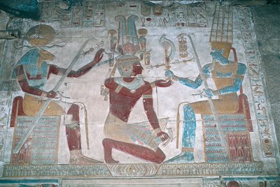 エジプト、アビドス、ファラオ、セティ1世の神殿、オシリス礼拝堂、彩色レリーフ 作： Egyptian 19th Dynasty
