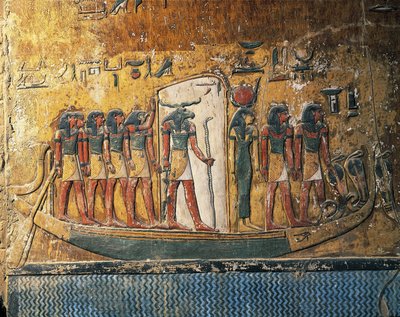 Egito, Luxor, Antiga Tebas, Vale dos Reis, Tumba de Seti I, afrescos retratando barco solar com deus com cabeça de carneiro 作： Egyptian 19th Dynasty