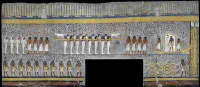 エジプト、テーベ、ルクソール、王家の谷、ラムセス1世の墓、19王朝時代の埋葬室の太陽樹皮に描かれたラーの壁画 作： Egyptian 19th Dynasty