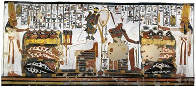 エジプト、テーベ、ルクソール、王妃の谷、ネフェルタリの墓、控えの間の別館、壁画、オシリスとアトゥムに捧げる王妃 作： Egyptian 19th Dynasty