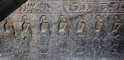 エジプトの古代遺物：ファラオ・ラムセス2世（紀元前1292-1186年）が征服した領土の紋章を装飾したレリーフの細部。ルクソール神殿。エジプト、東岸（テーベ）。 作： Egyptian 19th Dynasty