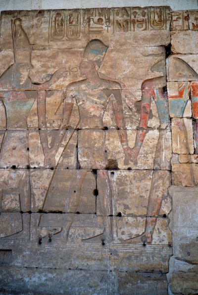 エジプトの古代遺跡：アビドスのセティ1世の神殿の低層レリーフのディテール 作： Egyptian 19th Dynasty