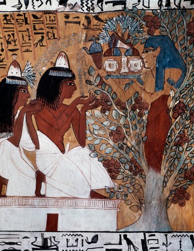神聖なスズカケノキの中でセネデジェムとその妻に現れるイシス女神、セネデジェムの墓、別名TT1墓、ラメセス2世の治世に遡る、デイル・エル・メディナ、テバン・ネクロポリス、エジプト文明、新王国時代、第19王朝 作： Egyptian 19th Dynasty