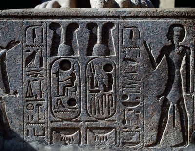 アメン神殿、ラメセス2世の中庭、王の巨像の蹄の細部、ヒエログリフ（ユネスコ世界遺産リスト 作： Egyptian 19th Dynasty