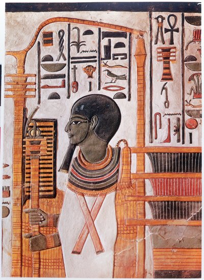 歴史。 古代エジプト。 プタハ、エネアド宇宙論における原始マウンドの神格化。 王家の谷、古代エジプトのネフェルタリの墓のフレスコ画。 (フレスコ画) 作： Egyptian 19th Dynasty