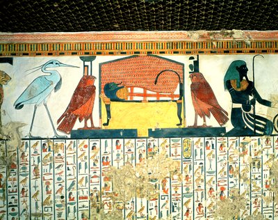 新しい王国のネフェルタリの墓からのさまざまな神性の葬式のベッドの上のミイラ（壁画） 作： Egyptian 19th Dynasty
