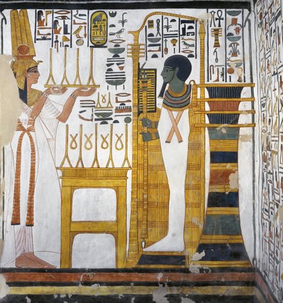 プタに麻を捧げるネフェルタリ、ネフェルタリの墓の東側付属施設の西壁の詳細（壁画 作： Egyptian 19th Dynasty