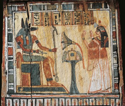 タムトノフレのシャブティ用、故人とアヌビ神を描いた木製の絵箱 作： Egyptian 19th Dynasty