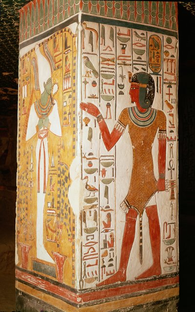 オシリスとパンサーの皮をかぶった司祭を描いた柱、新王国、ネフェルタリの墓（壁画） 作： Egyptian 19th Dynasty