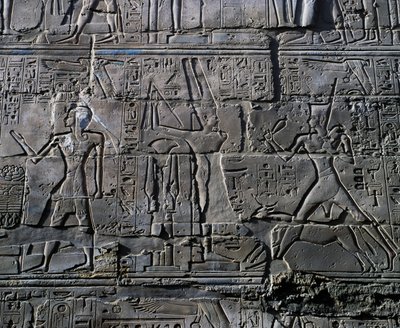 アメン神の前に立つハトシェプスト女王、神々への捧げものの場面の細部、浮き彫り、カルナック神殿複合体、大列柱室の内壁（ユネスコ世界遺産リスト 作： Egyptian 19th Dynasty