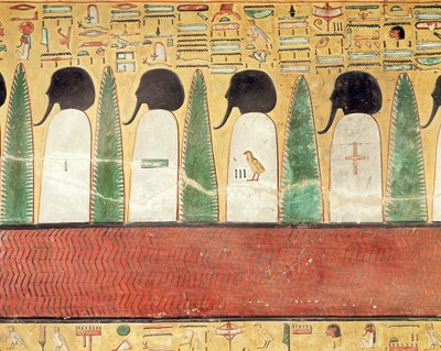 セティ1世の墓（r.1294-1279 BC）新王国（石灰岩を塗ったもの）からの、アンダーワールドの黒髪の神々を描いたレリーフ 作： Egyptian 19th Dynasty
