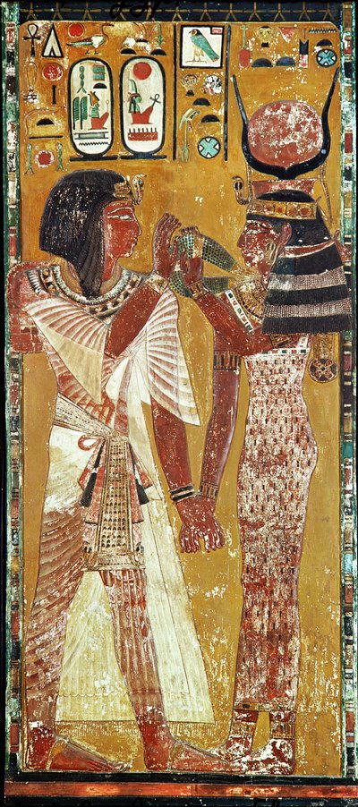 魔法の首輪をセティ1世に置く女神ハトホルを描いたレリーフ（c.1394-1279 BC）ニューキングダム（石灰岩塗装） 作： Egyptian 19th Dynasty