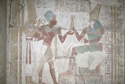 イシスの救済、セトス1世（紀元前1303-1290年）を新王国ホルスに贈る（壁画） 作： Egyptian 19th Dynasty