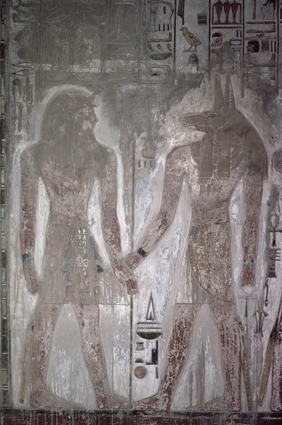 セティ1世（紀元前1303-1290年）とアヌビス、セティの墓、新王国（壁画） 作： Egyptian 19th Dynasty
