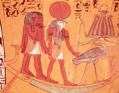 新しい王国、労働者の村のセネドジェムの墓からの、Re-Horakhty、ベヌ鳥、および他の4つの神々が描かれた太陽のバーク（壁画） 作： Egyptian 19th Dynasty