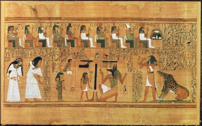 スクライブの死者の書Anyからの真実の羽に対する心の重み付け、紀元前1250年頃（塗られたパピルス） 作： Egyptian 19th Dynasty