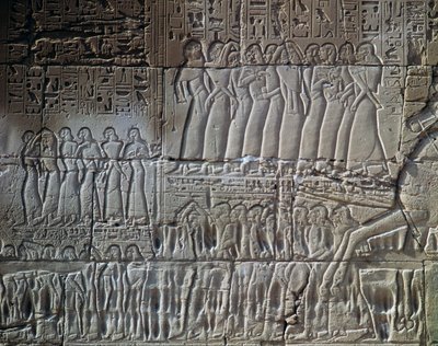 シリアとパレスチナにおけるセティ1世の征服、浮き彫り、カルナック神殿群、アメン神殿、大列柱室の外壁（ユネスコ世界遺産リスト 作： Egyptian 19th Dynasty