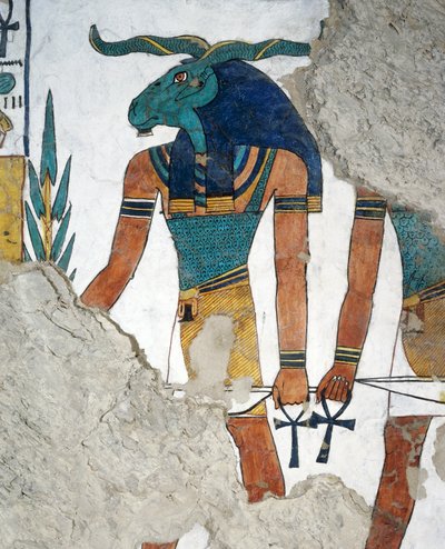 雄羊の頭を持つ使者、オシリス王国の第3の扉、死者の書第144章、フレスコ画、埋葬室、ネフェルタリの墓（QV66）、テーベの女王の谷。エジプト文明、新王国、第19王朝。 作： Egyptian 19th Dynasty