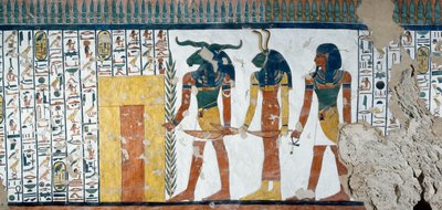オシリス王国の第二門を守る3人のゲヌス 死者の書 第144章 ネフェルタリの埋葬室のフレスコ画より ルクソール、テーベの女王の谷。エジプト文明、新王国、第19王朝。 作： Egyptian 19th Dynasty